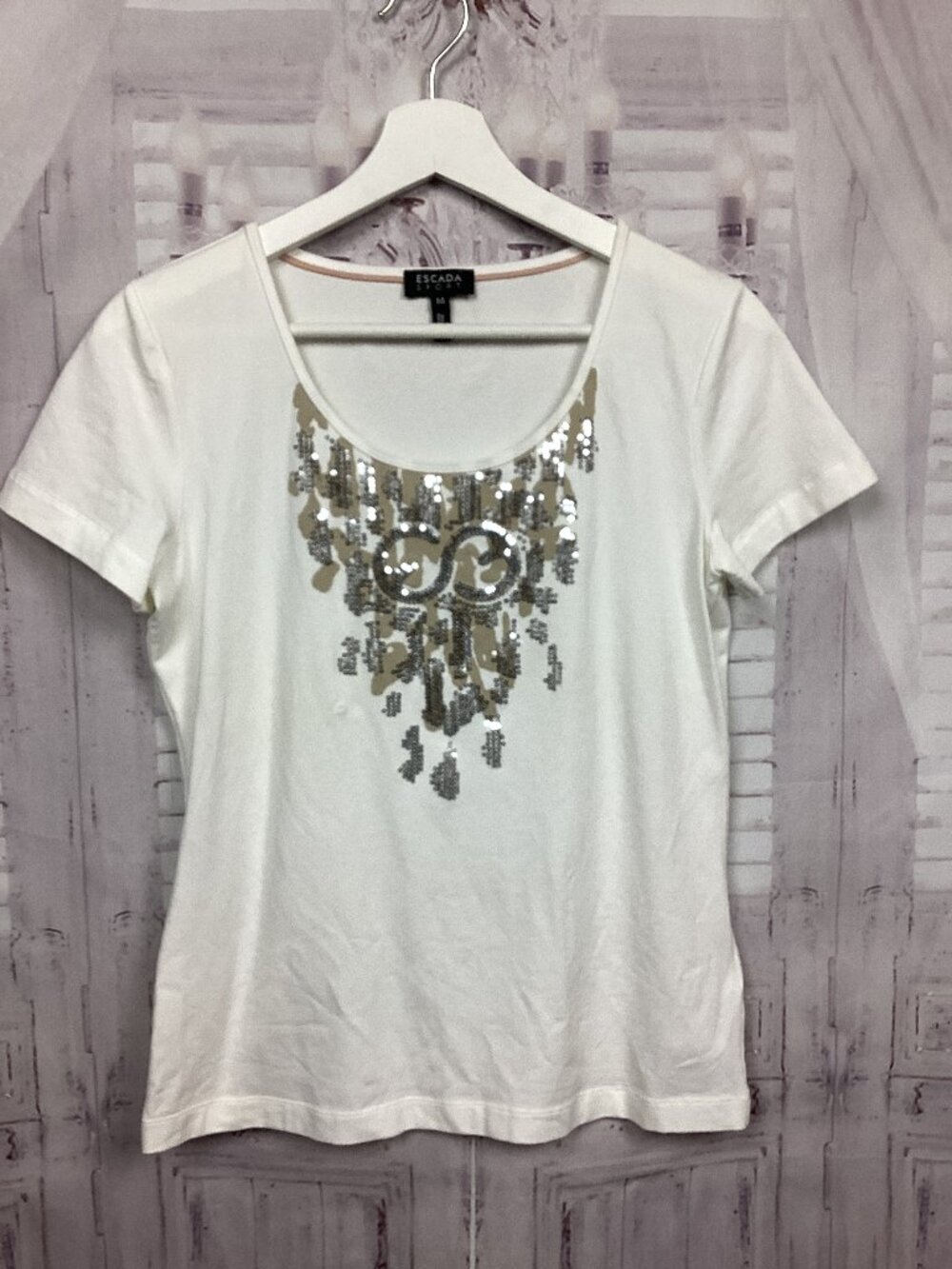 Escada Tee Shirt White Sequins Short Sleeve M